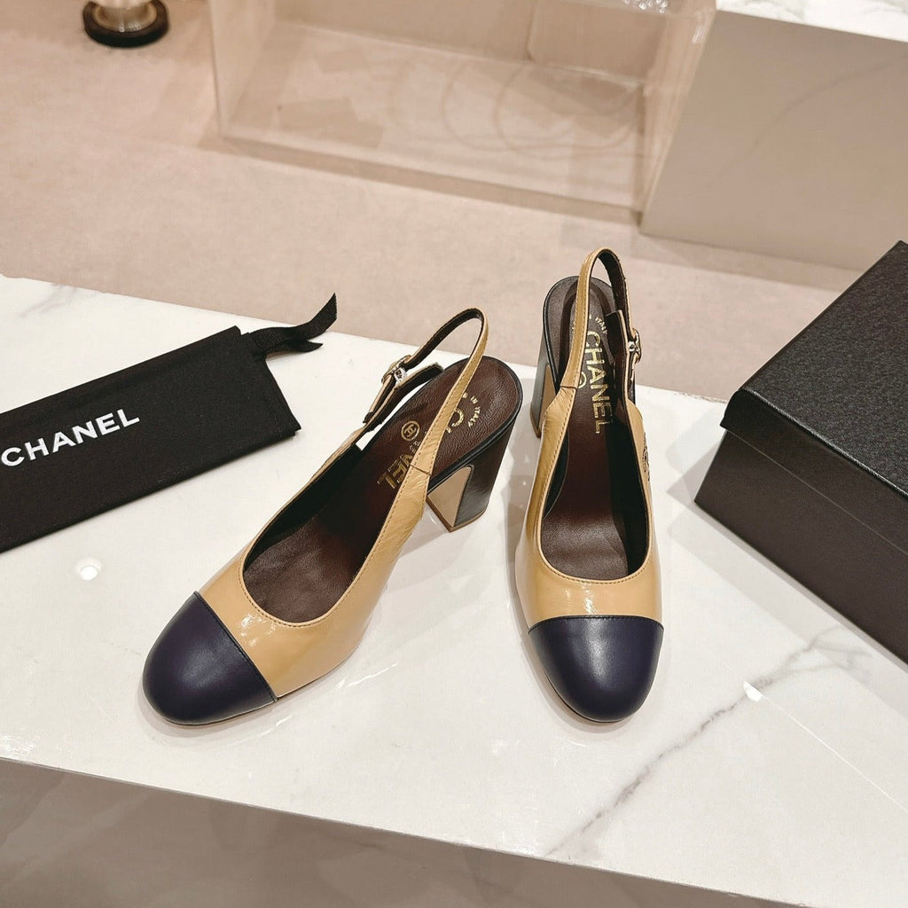 CHANEL HIGH SLINGBACKS PEANUT BROWN MIX BLACK SHEEPSKIN