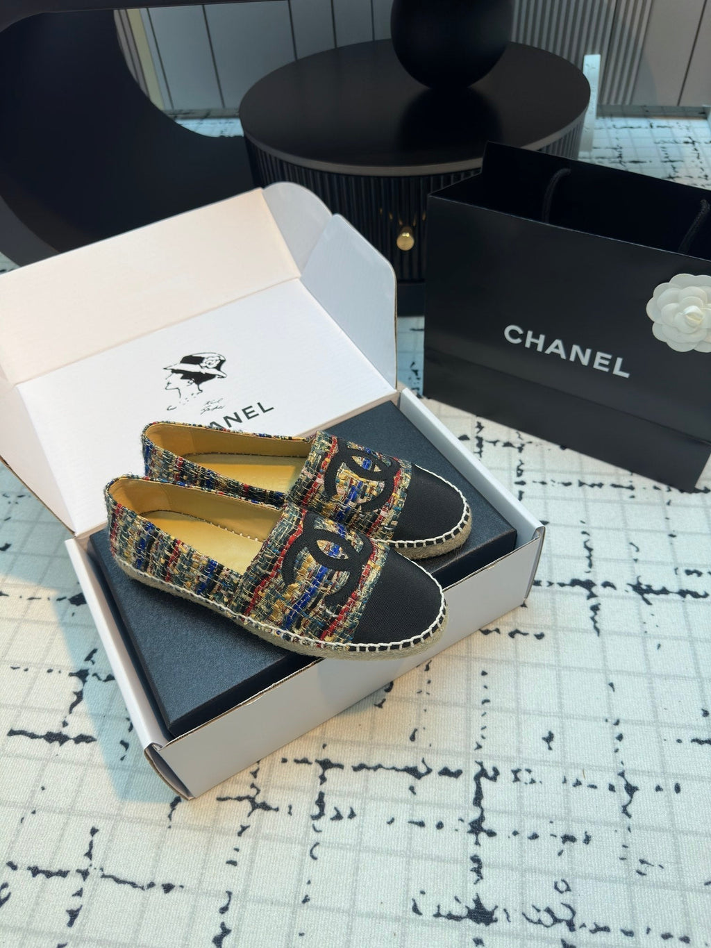 CHANEL ESPADRILLES LOAFERS IN MULTICOLOR TWEED AND BLACK SATIN