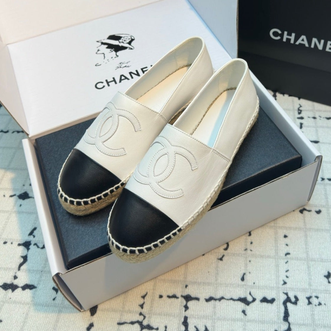 CHANEL ESPADRILLES LOAFERS IN BLACK MIX WHITE LAMBSKIN