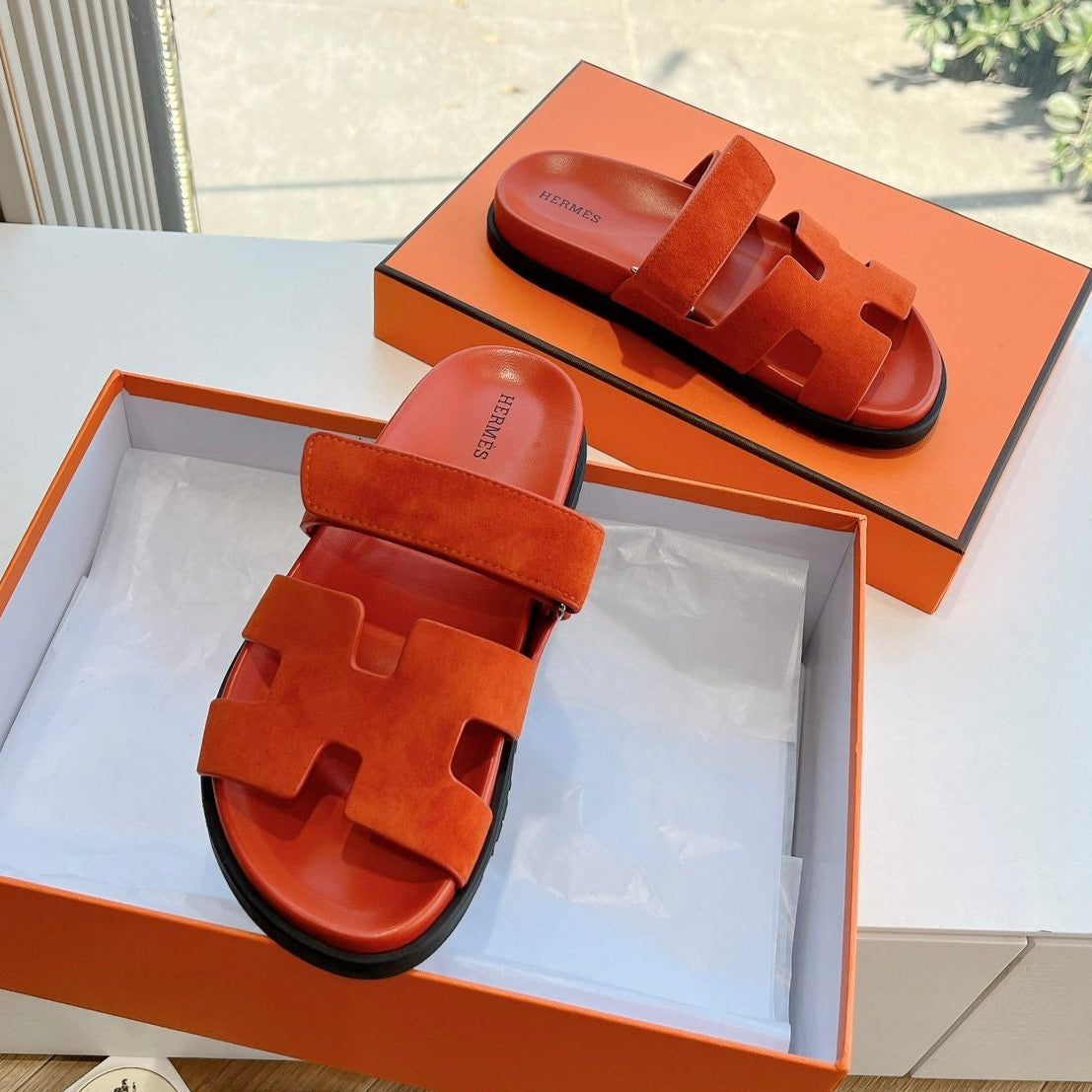 HERMES CHYPRE SANDAL IN FIRE ORANGE SUEDE