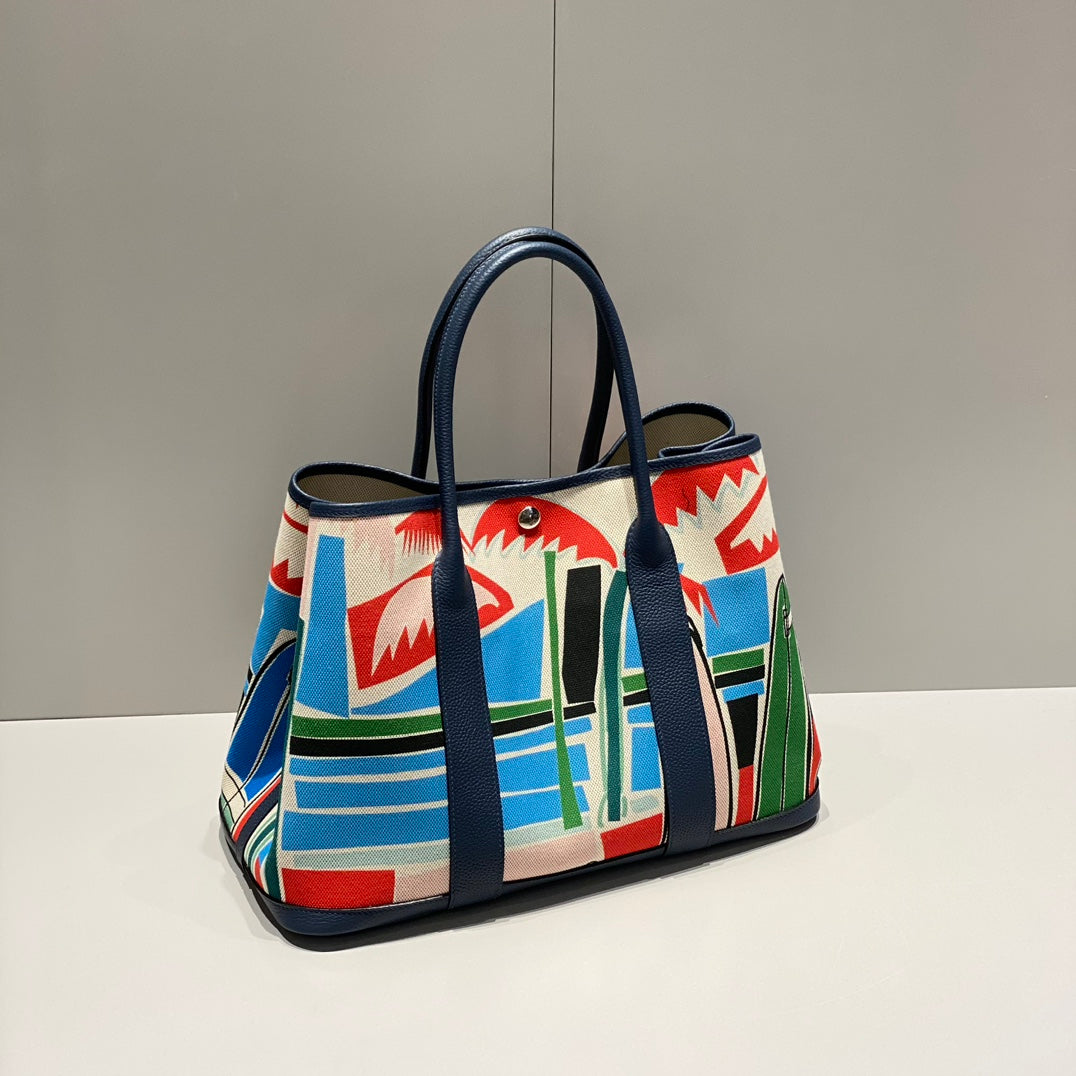 HERMES GARDEN PARTY 36 IN MULTICOLOR TOILE H CANVAS BLUE NAVY CALFSKIN TROPICAL ABSTRACT LANDSCAPE PRINT